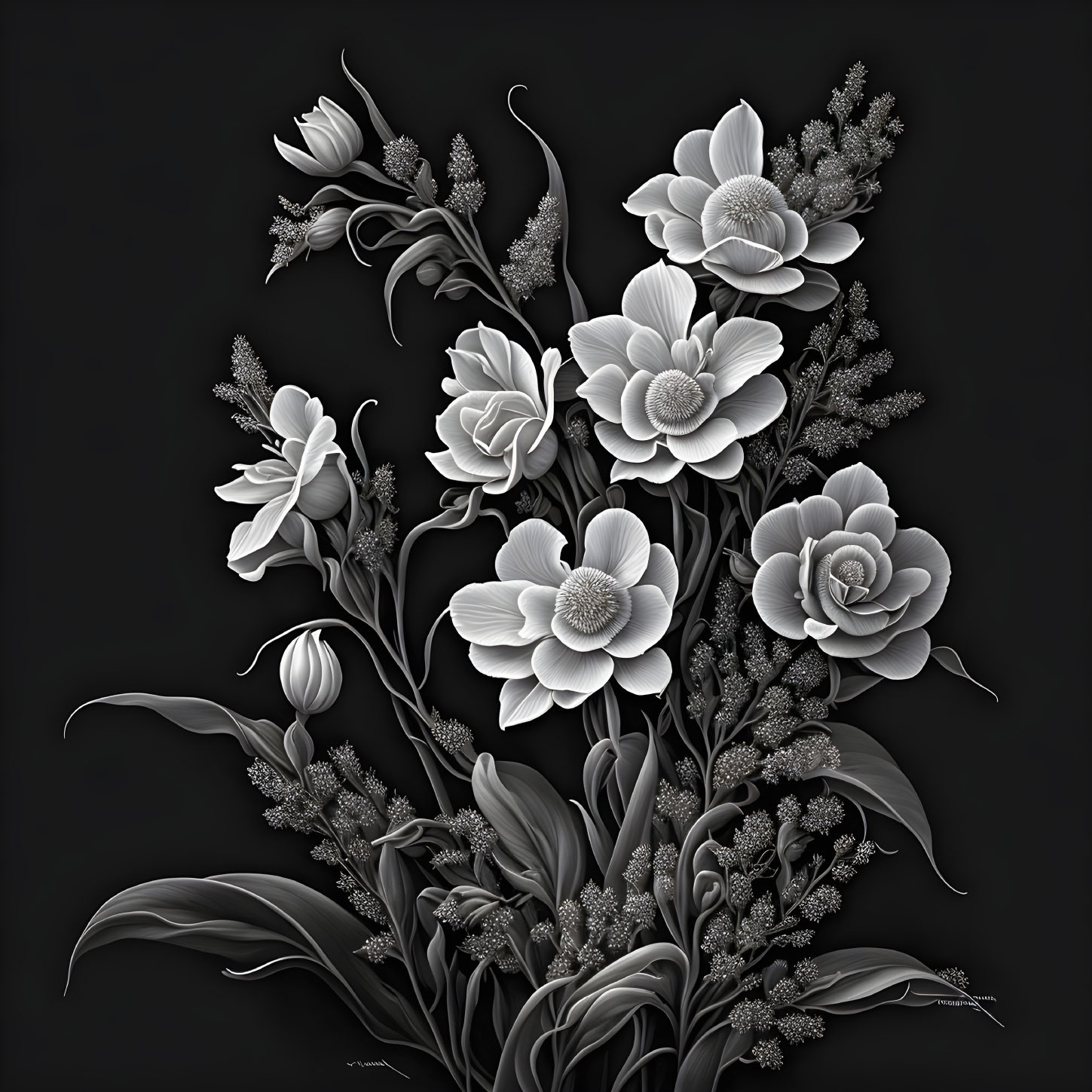 Detailed monochromatic floral digital art on dark background