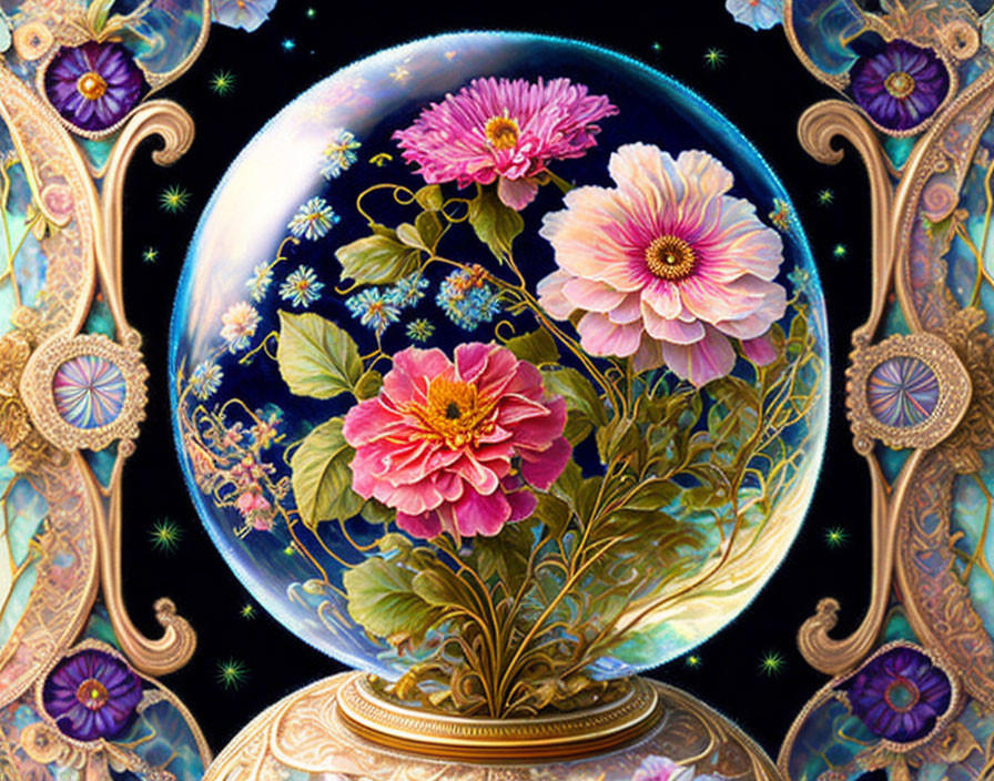 Colorful globe with blooming flowers and celestial motifs on starry background