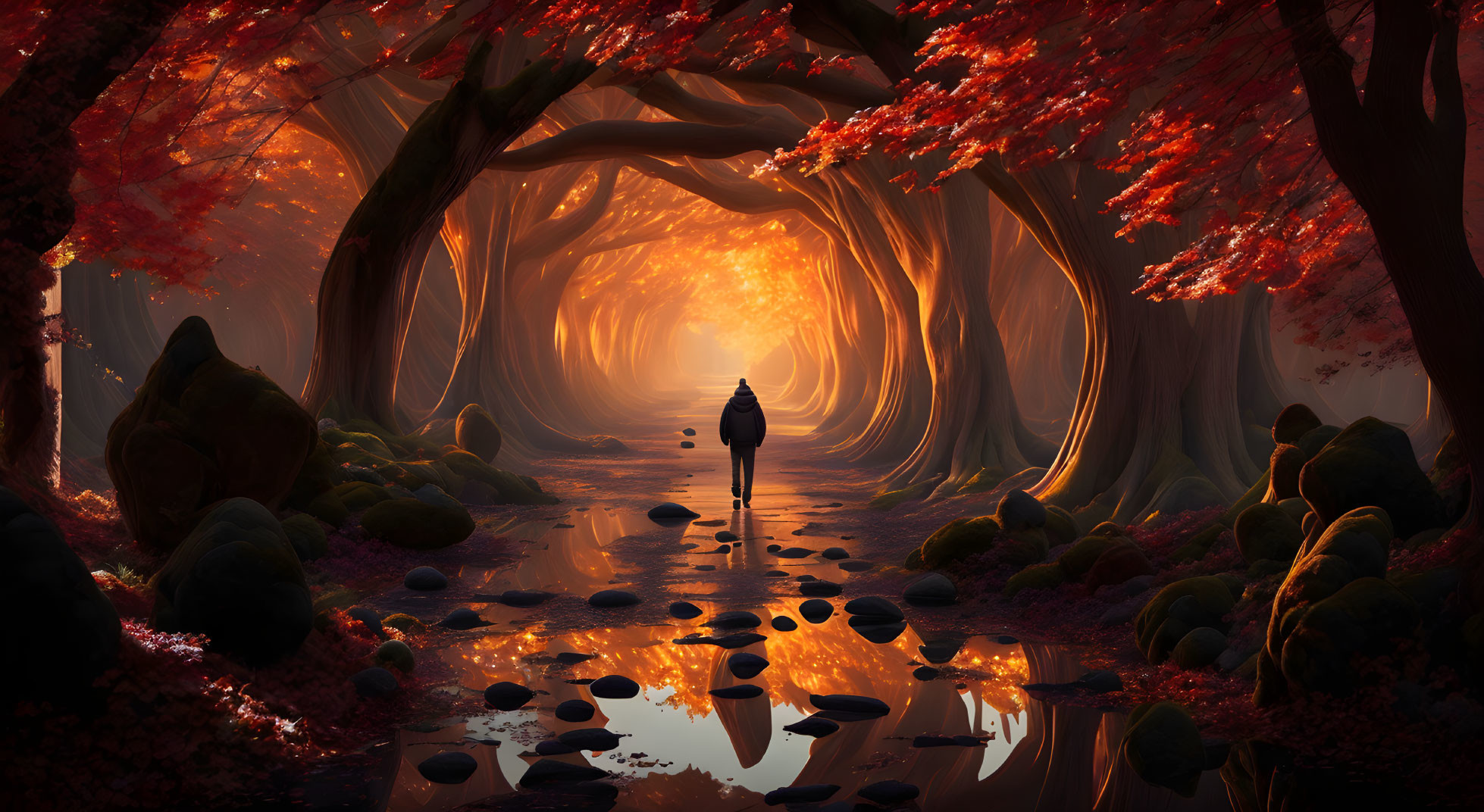 Autumnal forest path with golden-orange canopy and serene water reflection