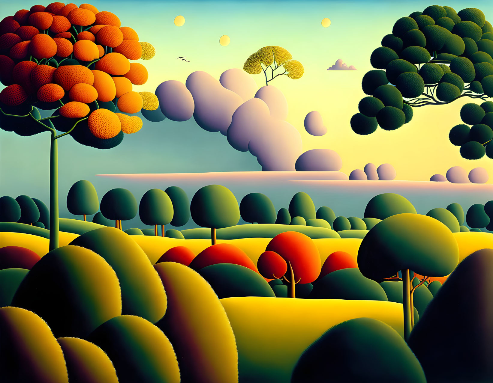 Colorful Stylized Trees and Serene Landscape Scene