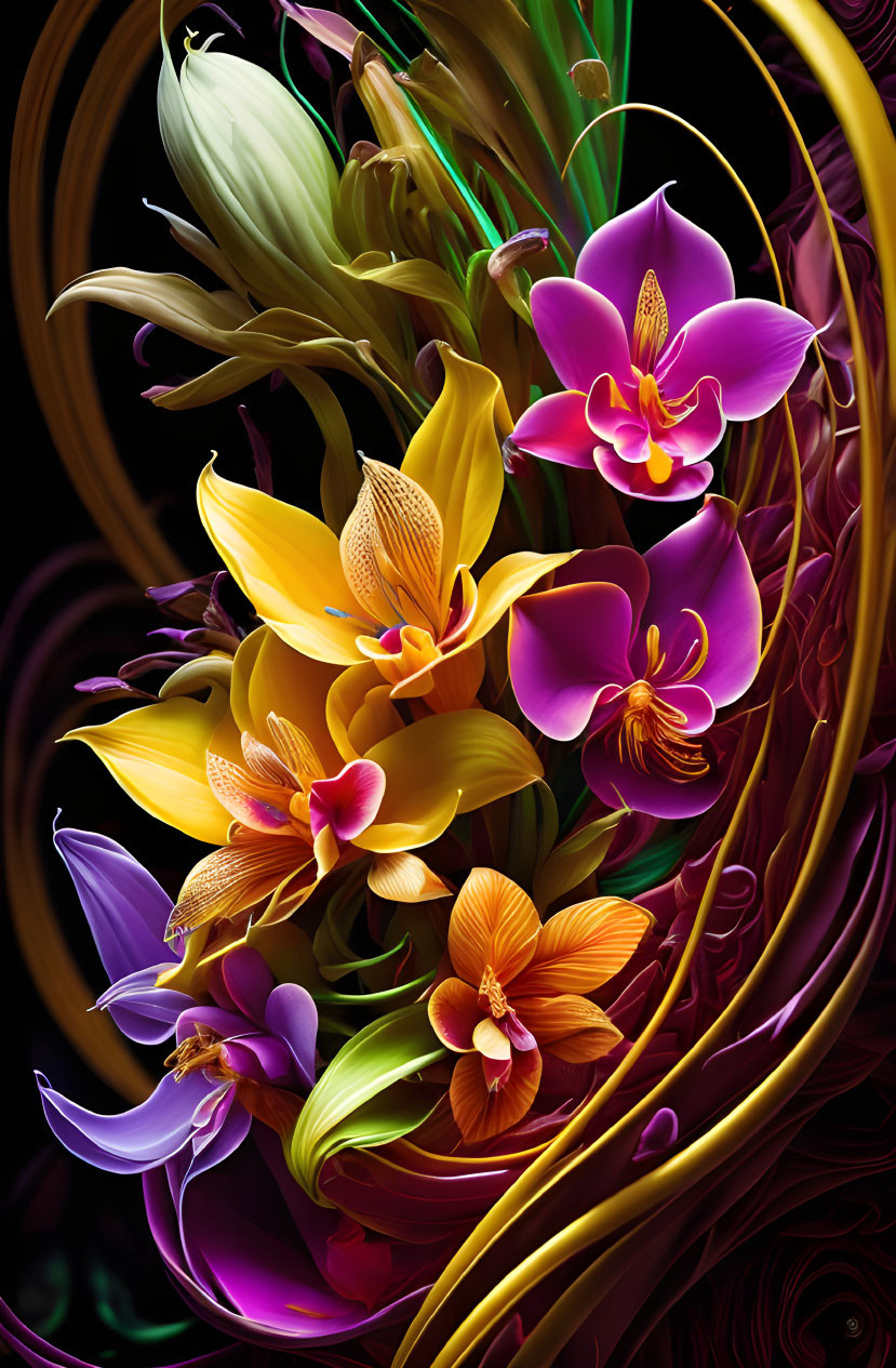 Colorful digital artwork featuring orchids in yellow, orange, and purple hues on a dark, abstract