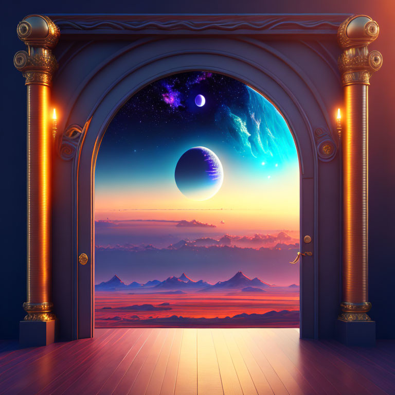 Ornate Open Archway Revealing Surreal Landscape with Celestial Bodies, Mountains, and Neb