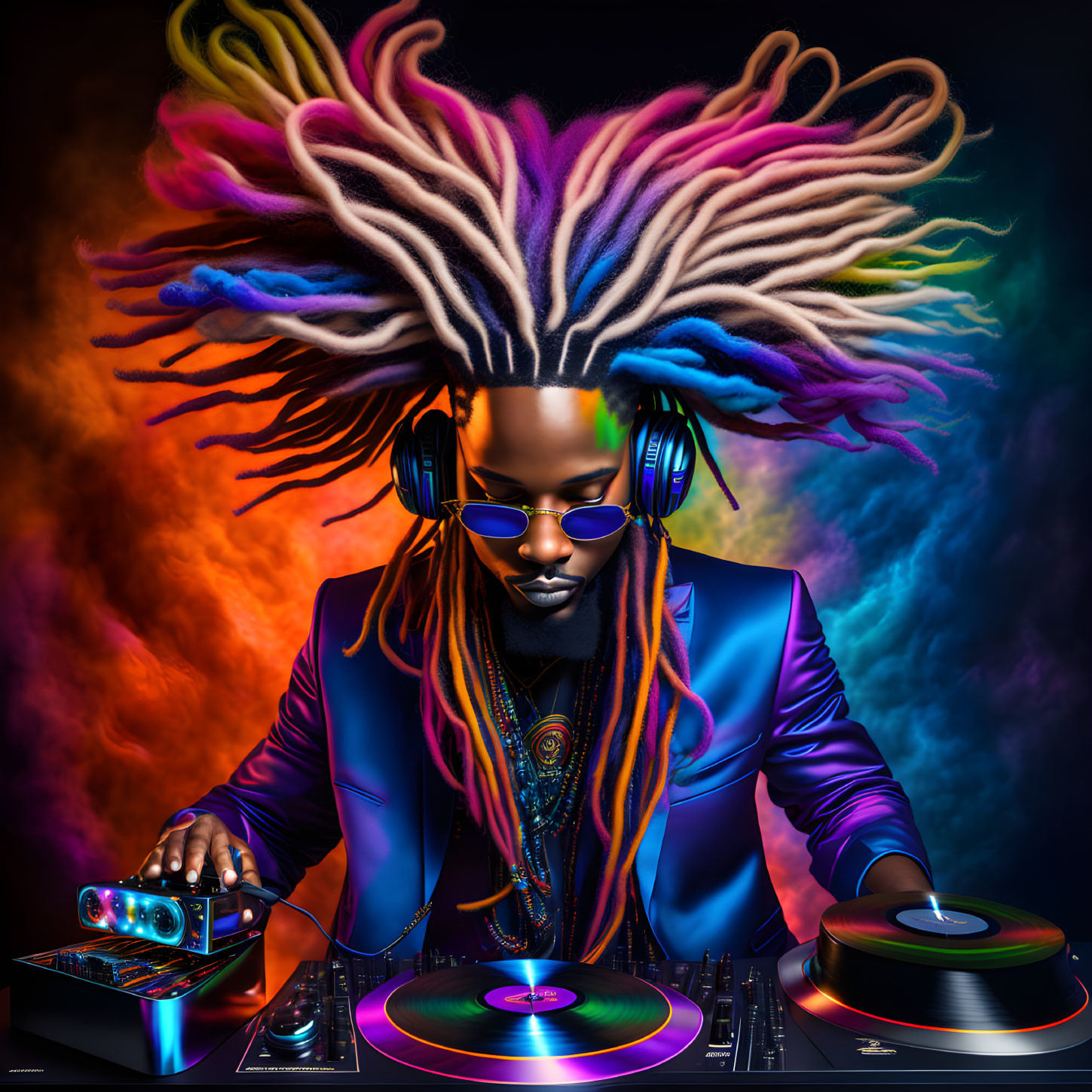 Colorful DJ with dreadlocks mixing music on turntables in vibrant digital artwork