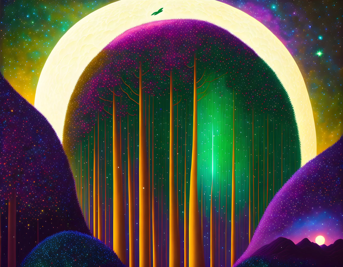 Illustration of mystical forest with tall trees under yellow moon and aurora lights