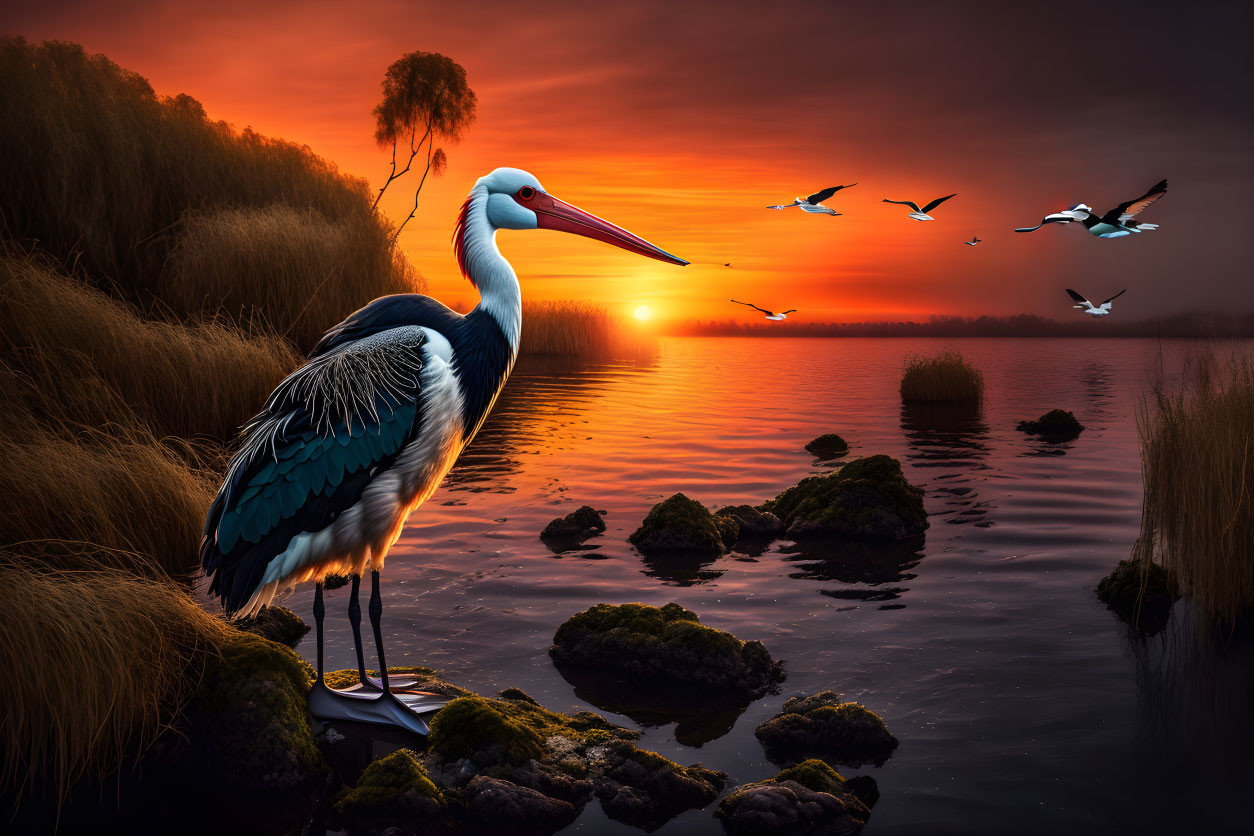 Stork by tranquil lake at sunset with flying birds and orange sky