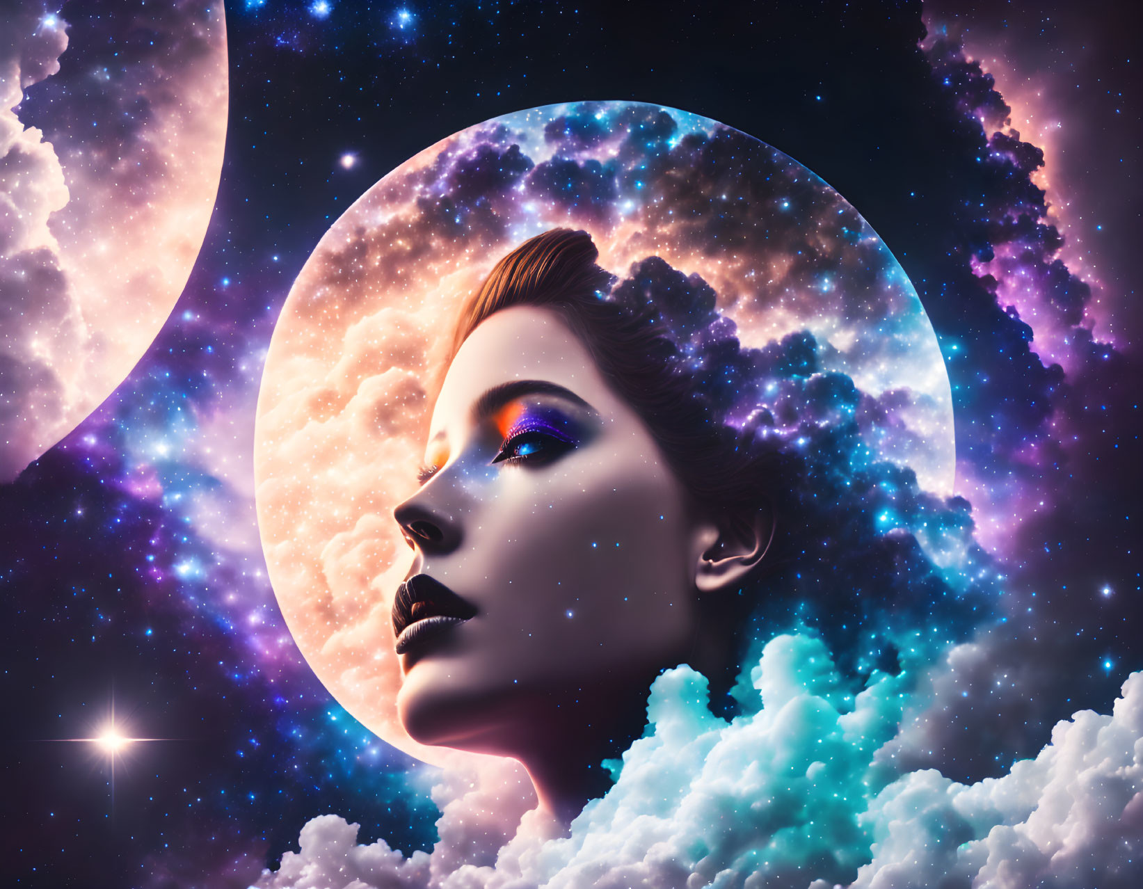 Woman's profile with cosmic makeup on surreal space backdrop with moon and stars