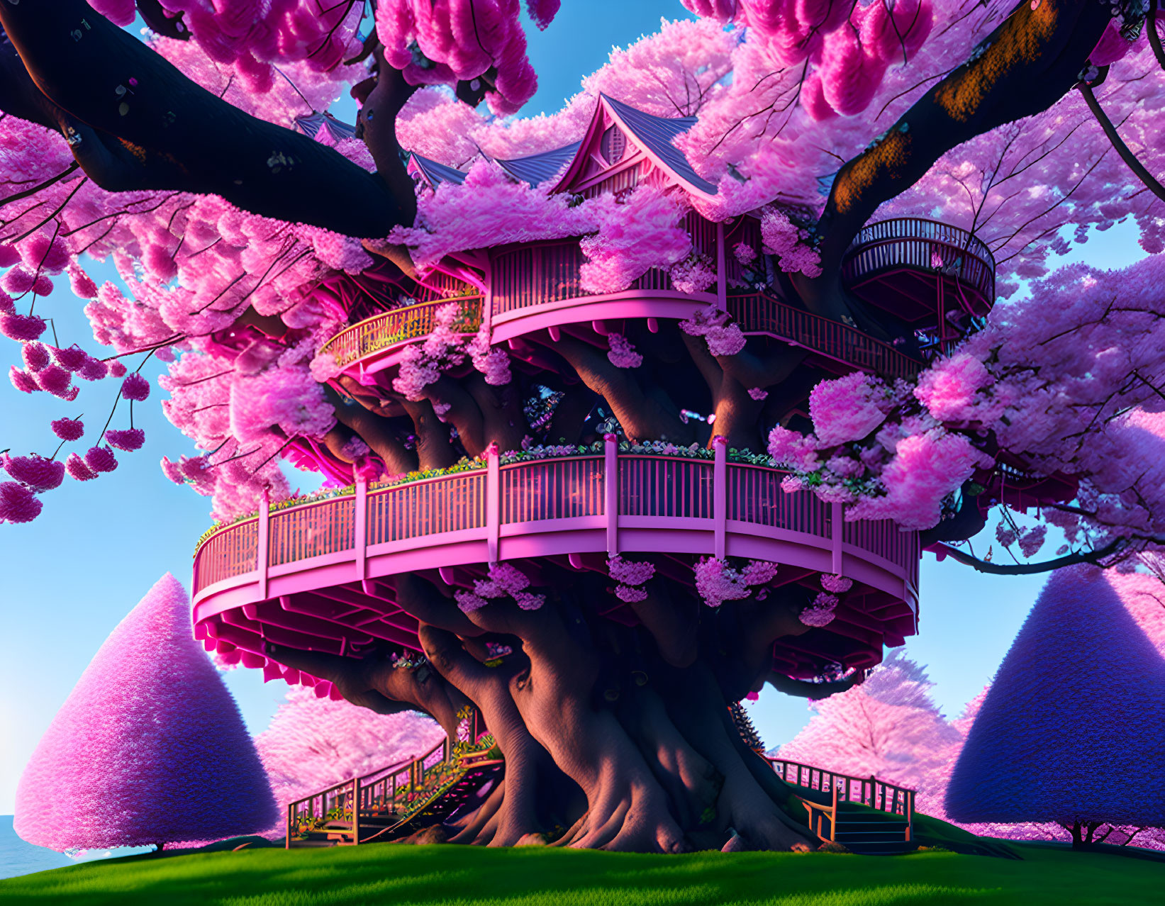 Whimsical cherry blossom treehouse in vibrant digital art