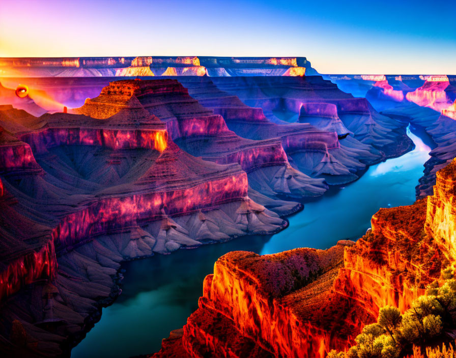 Vibrant Grand Canyon sunset with blue and orange hues reflecting on river