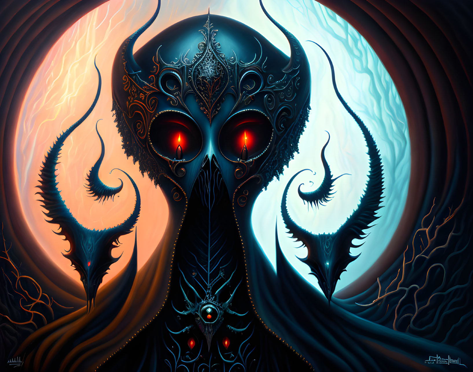 Mystical creature with red eyes and ornate headpiece in swirling flames