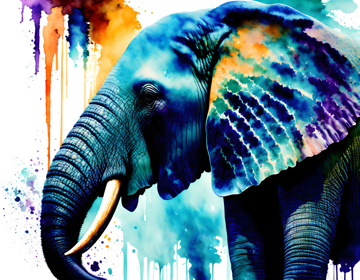 Colorful Digital Artwork: Elephant in Blue and Purple with Ink Splashes