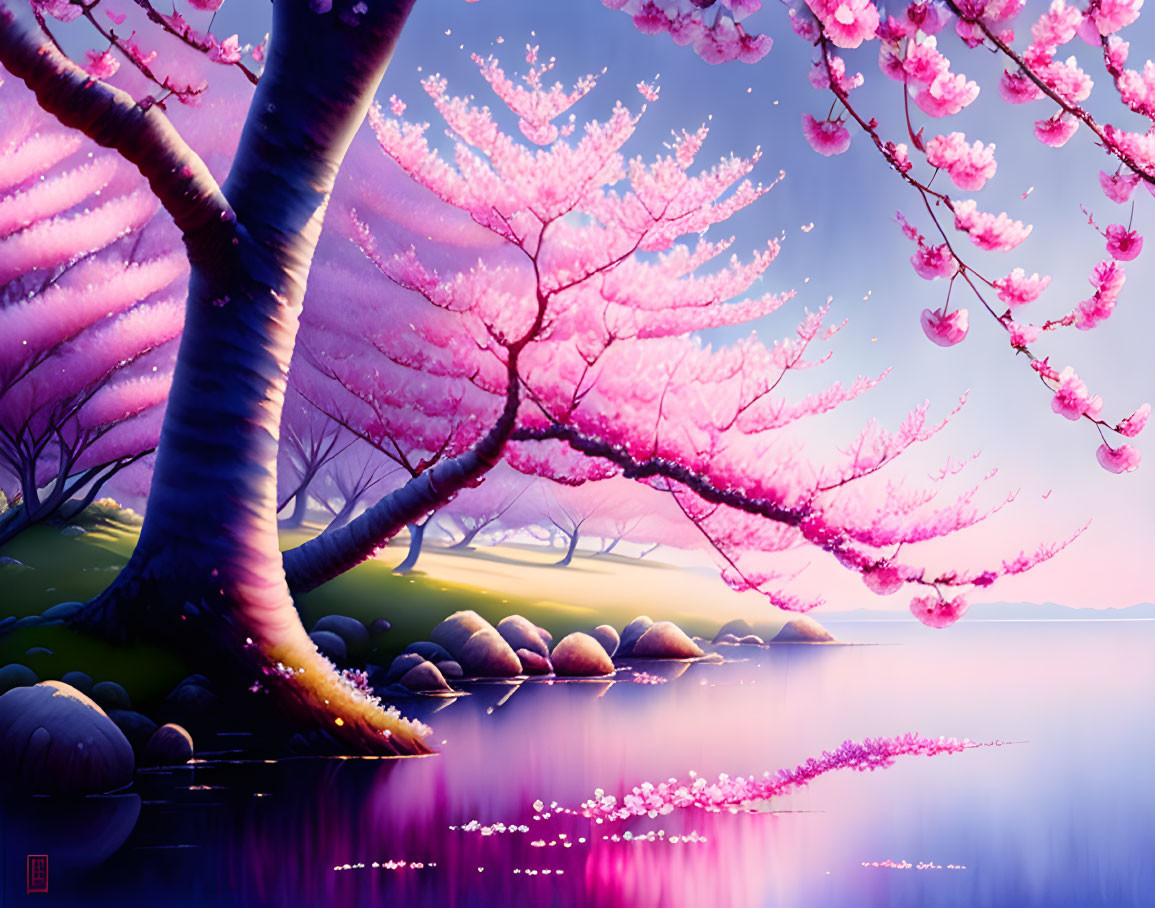 Vibrant pink cherry blossom tree by tranquil lake at twilight