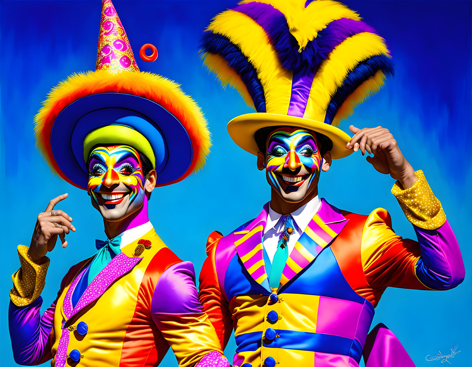 Colorful clowns in vibrant outfits on blue background