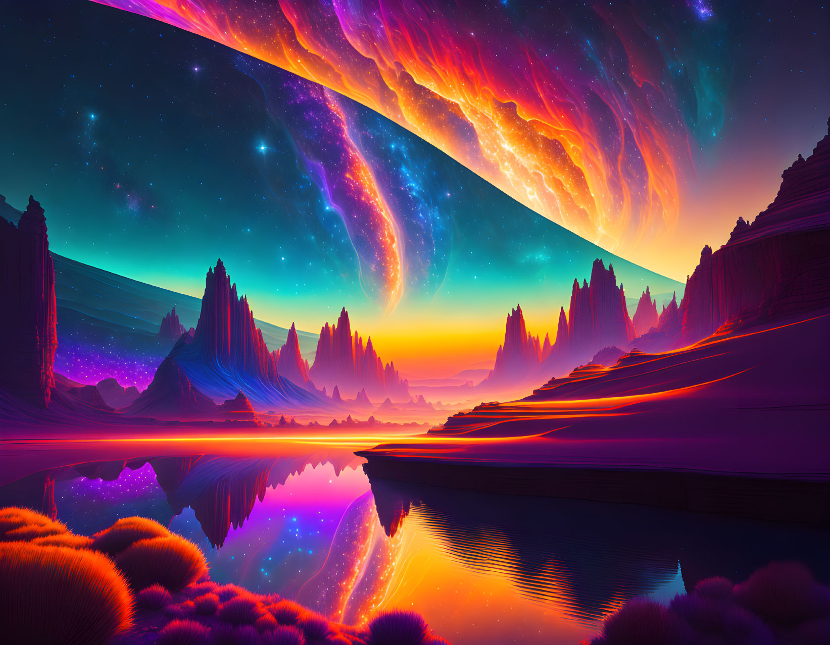 Alien landscape digital artwork with neon colors and swirling galaxy