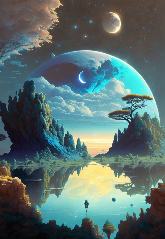 Alien landscape at twilight with figure by reflective lake & celestial bodies in sky