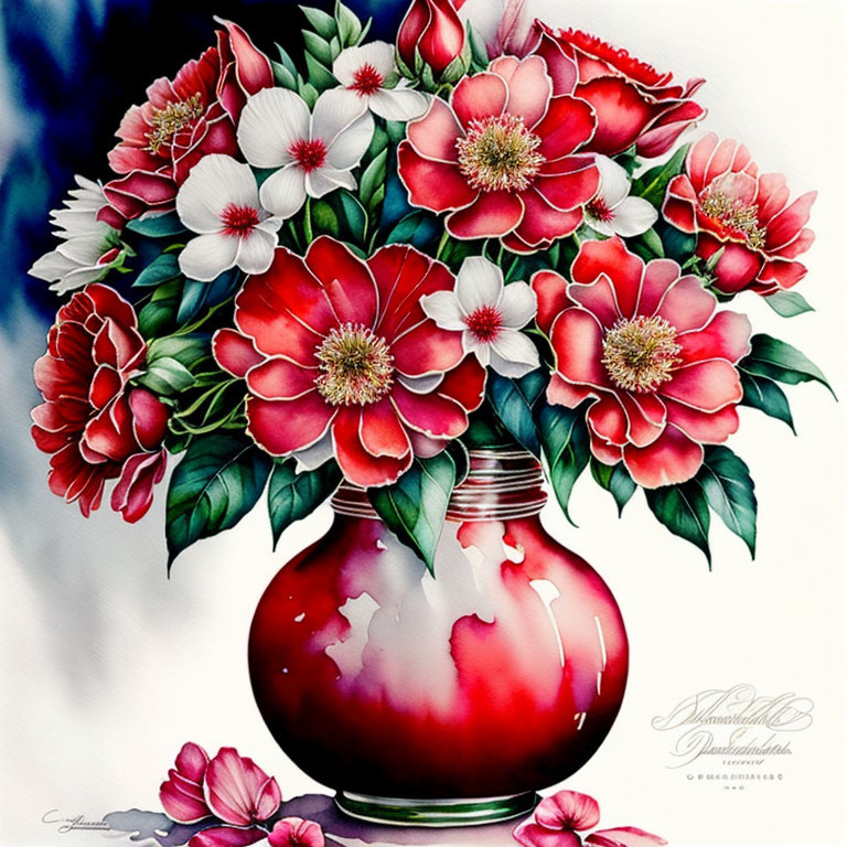 Red and White Flower Bouquet in Shiny Red Vase on White Background