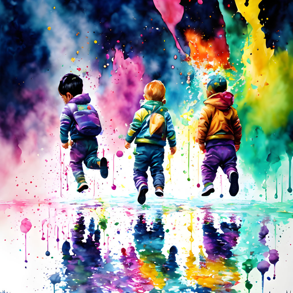 Colorful jackets: Three children jumping with reflections on vibrant background