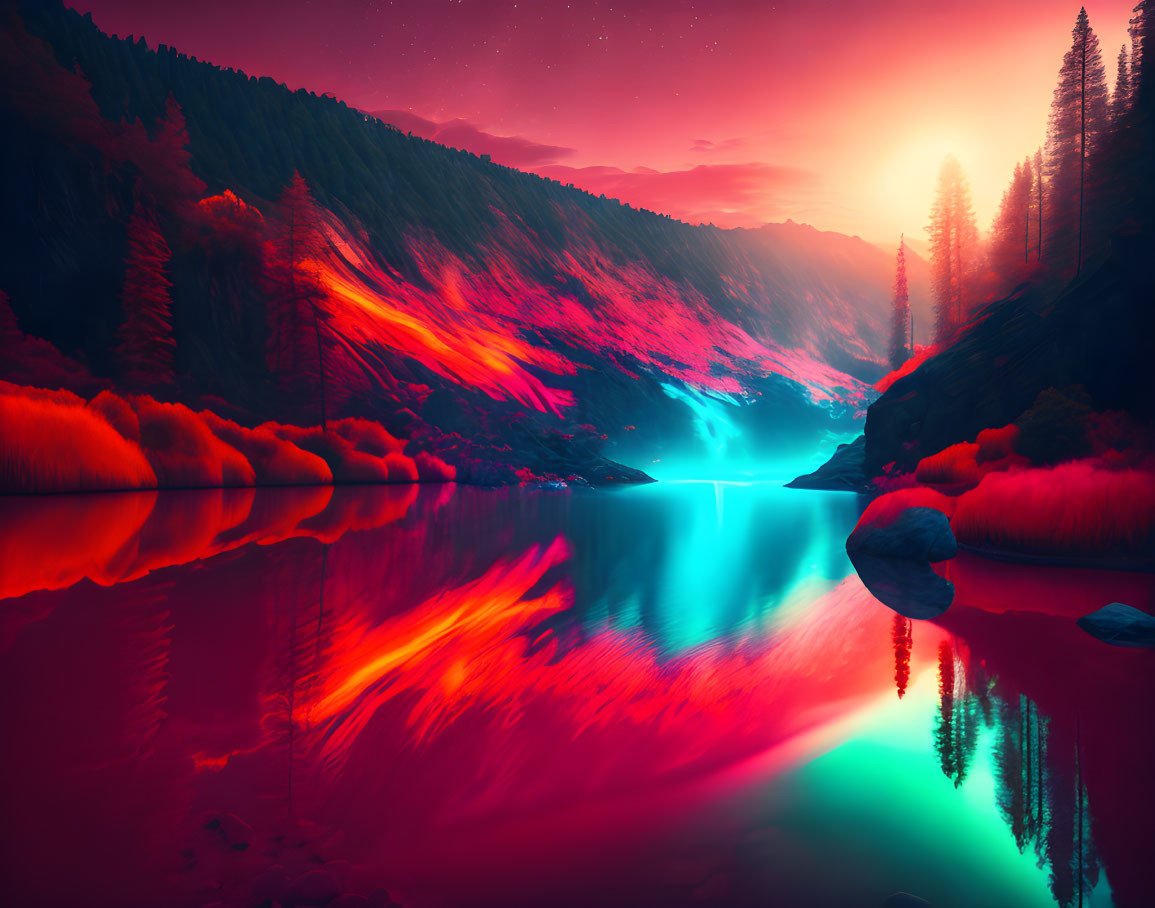 Colorful sunset over mountain landscape with serene lake and starry sky