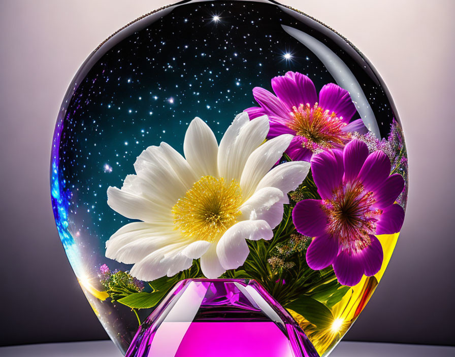 Vibrant flowers in transparent sphere on reflective purple base