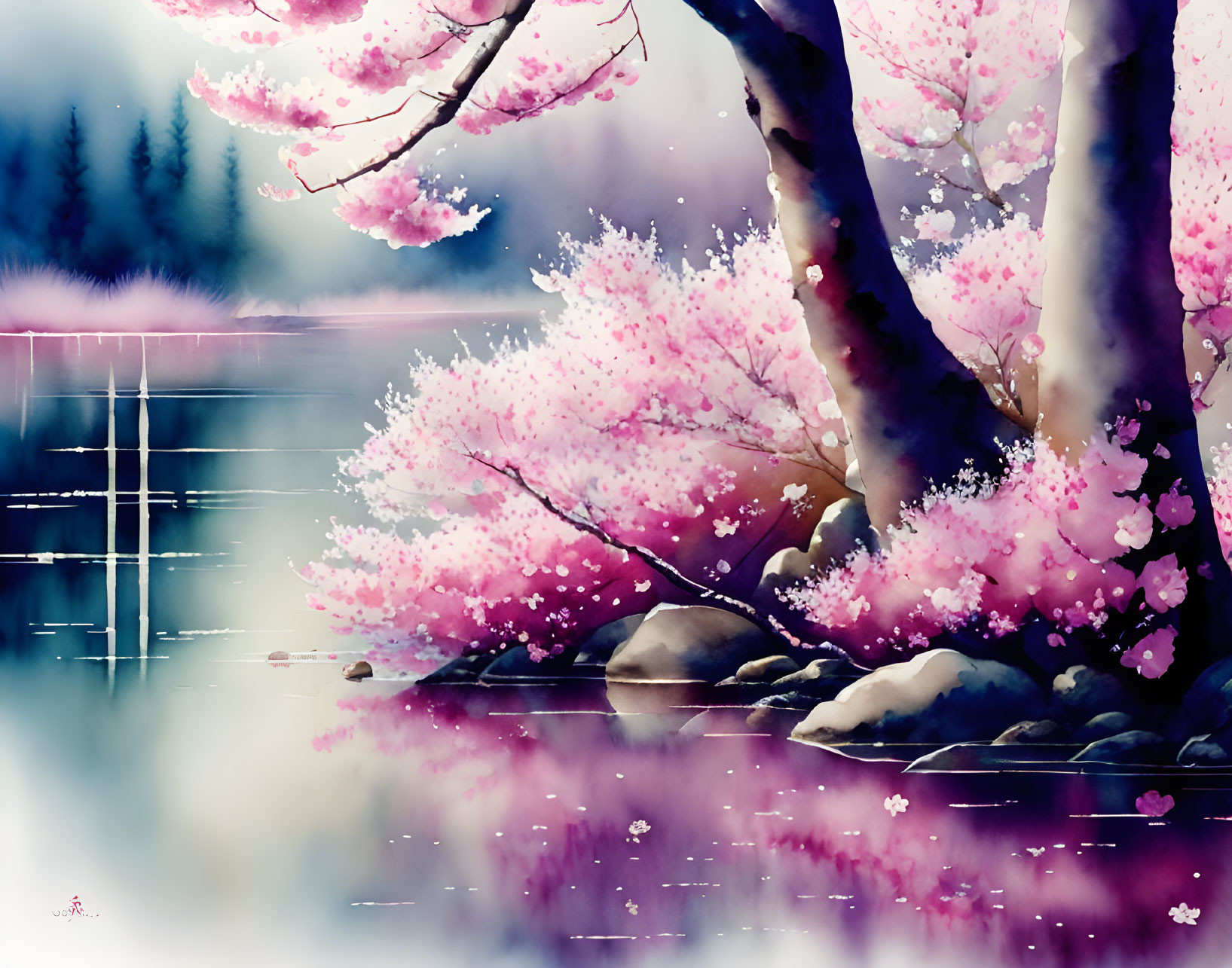 Tranquil cherry blossom watercolor by a serene lake