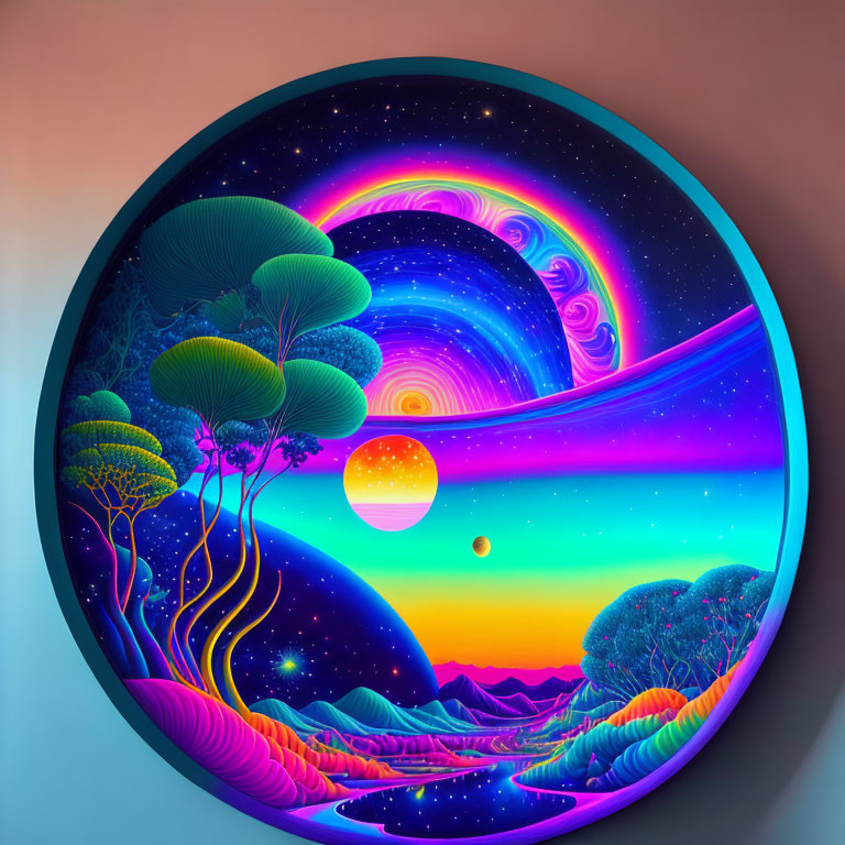 Colorful Circular Artwork: Surreal Landscape with Trees, Hills, Starry Sky