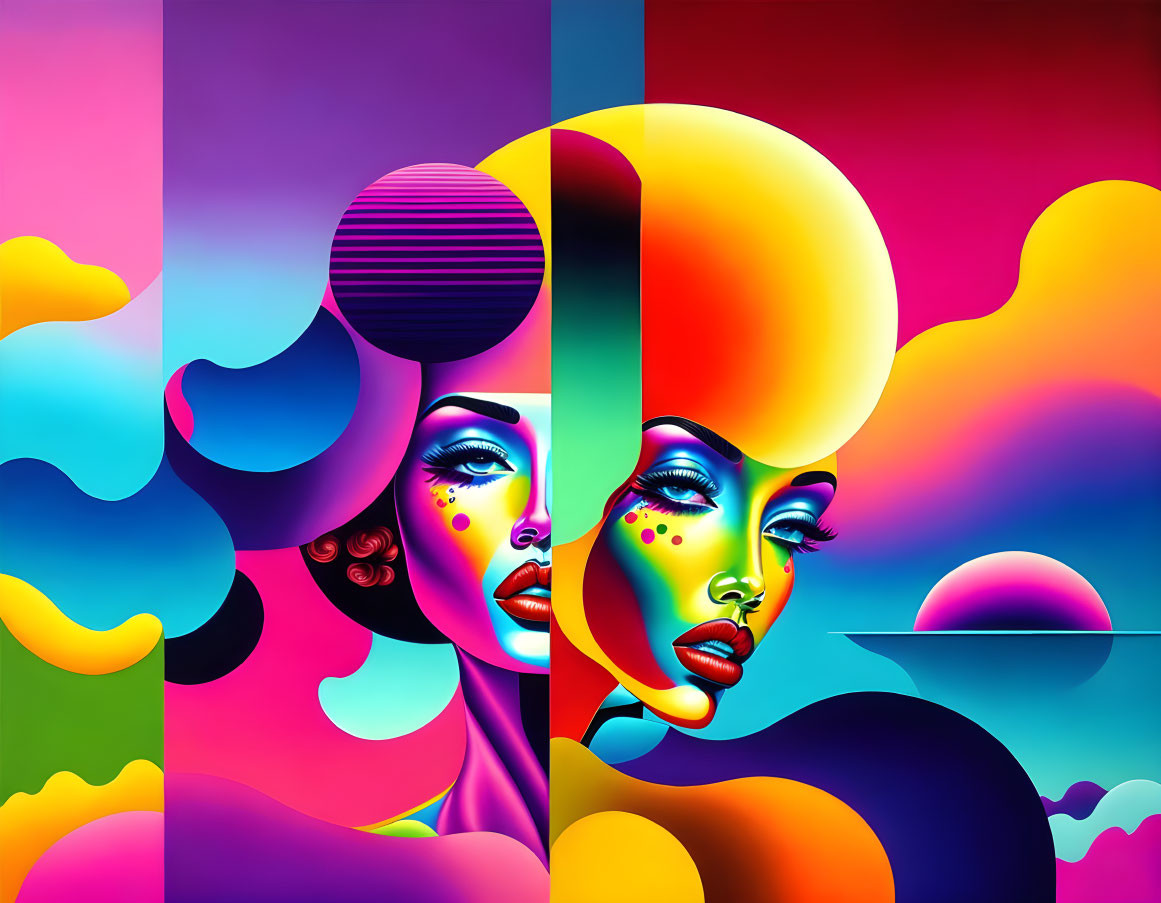 Vibrant surreal digital artwork of two female faces with abstract nature and geometric elements