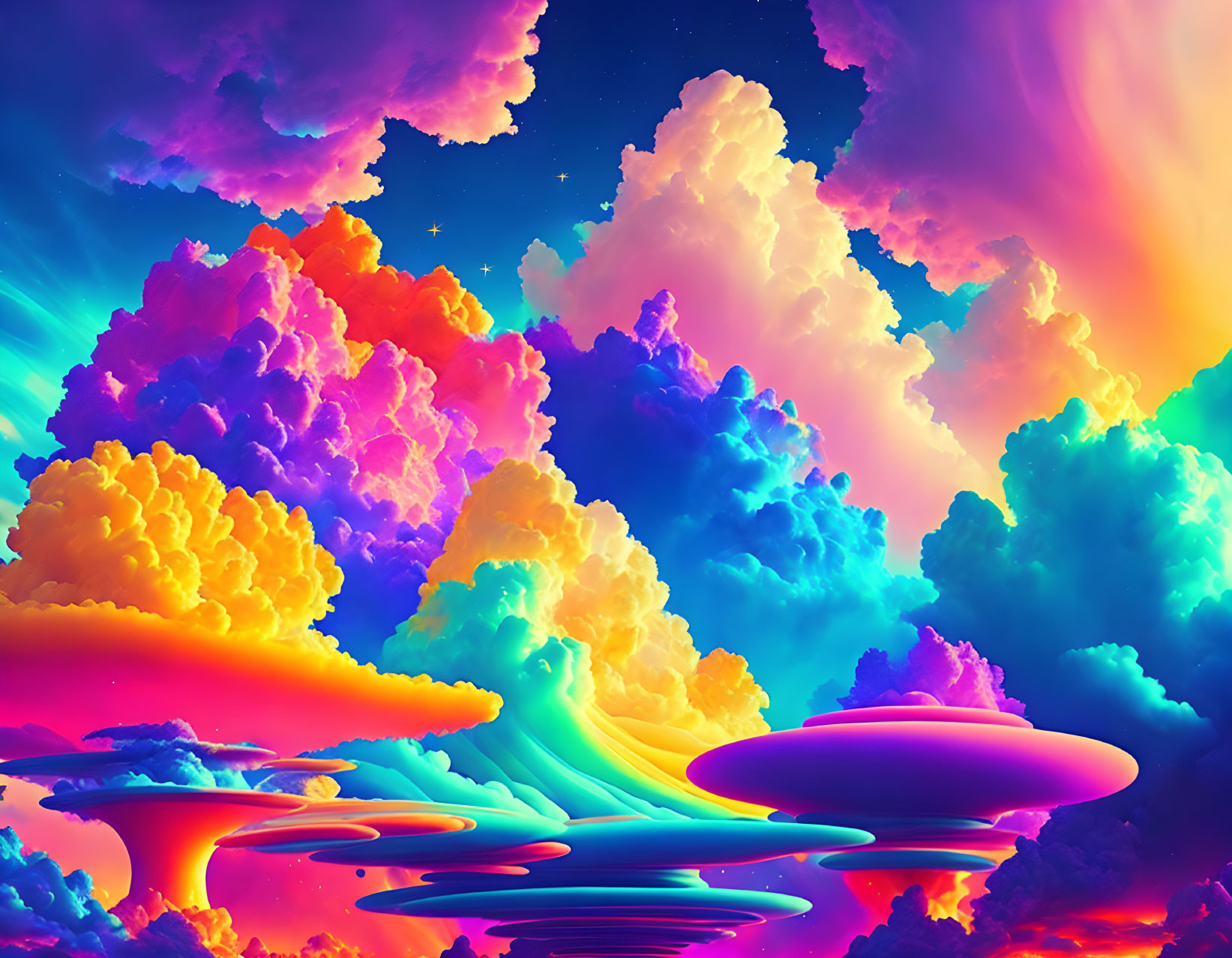 Surreal neon-hued cloudscape with alien terrain and floating islands