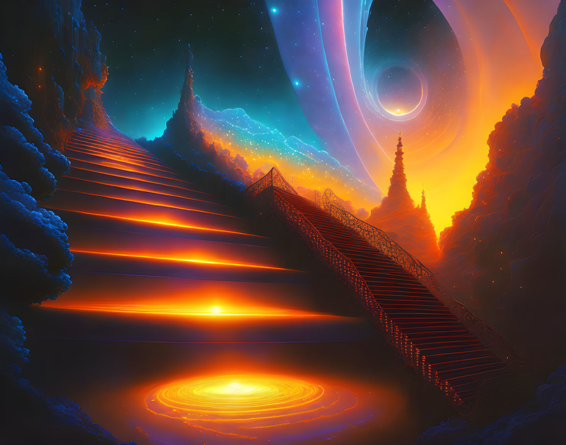 Fantastical landscape with glowing staircase and cosmic sky