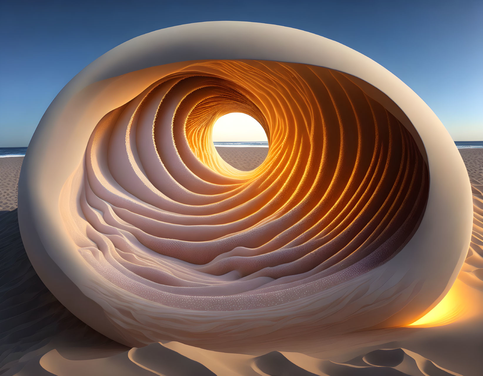 Surreal spiral shell-like structure on sandy beach at sunset