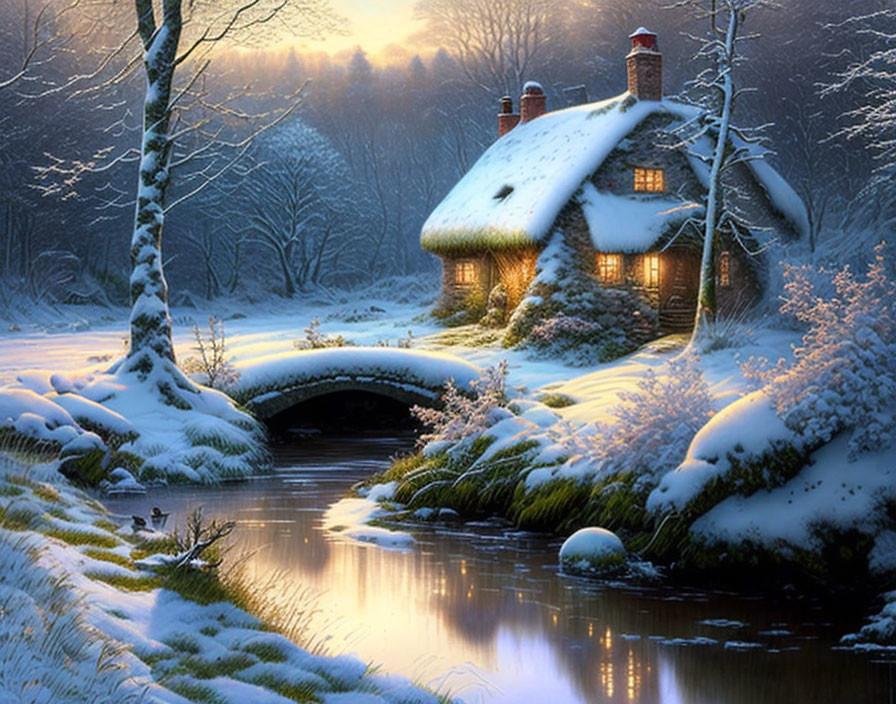 Snow-covered cottage by bridge in serene winter landscape