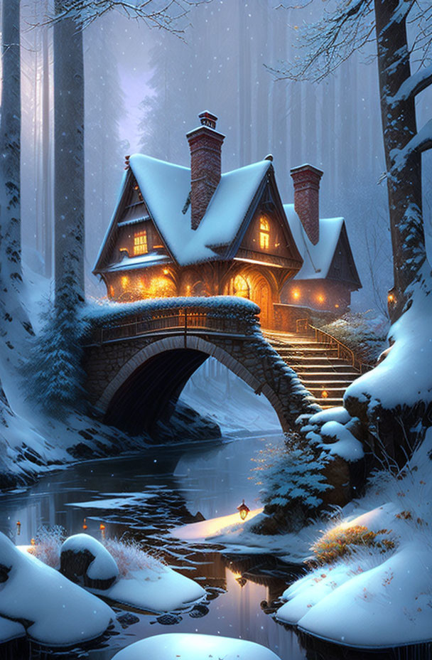 Snow-covered stone bridge with charming cottage and lit interior in serene wintry forest