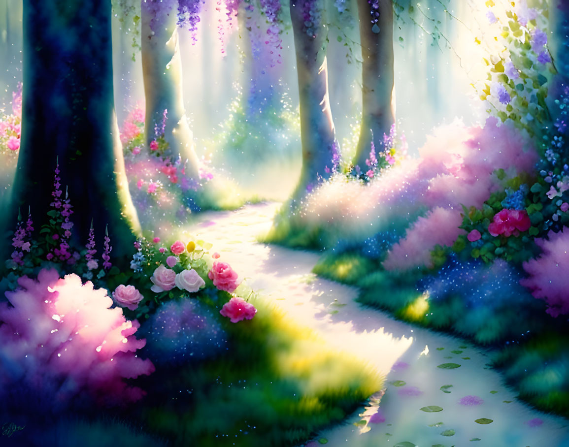 Vibrant Flowers in Enchanted Forest Glade