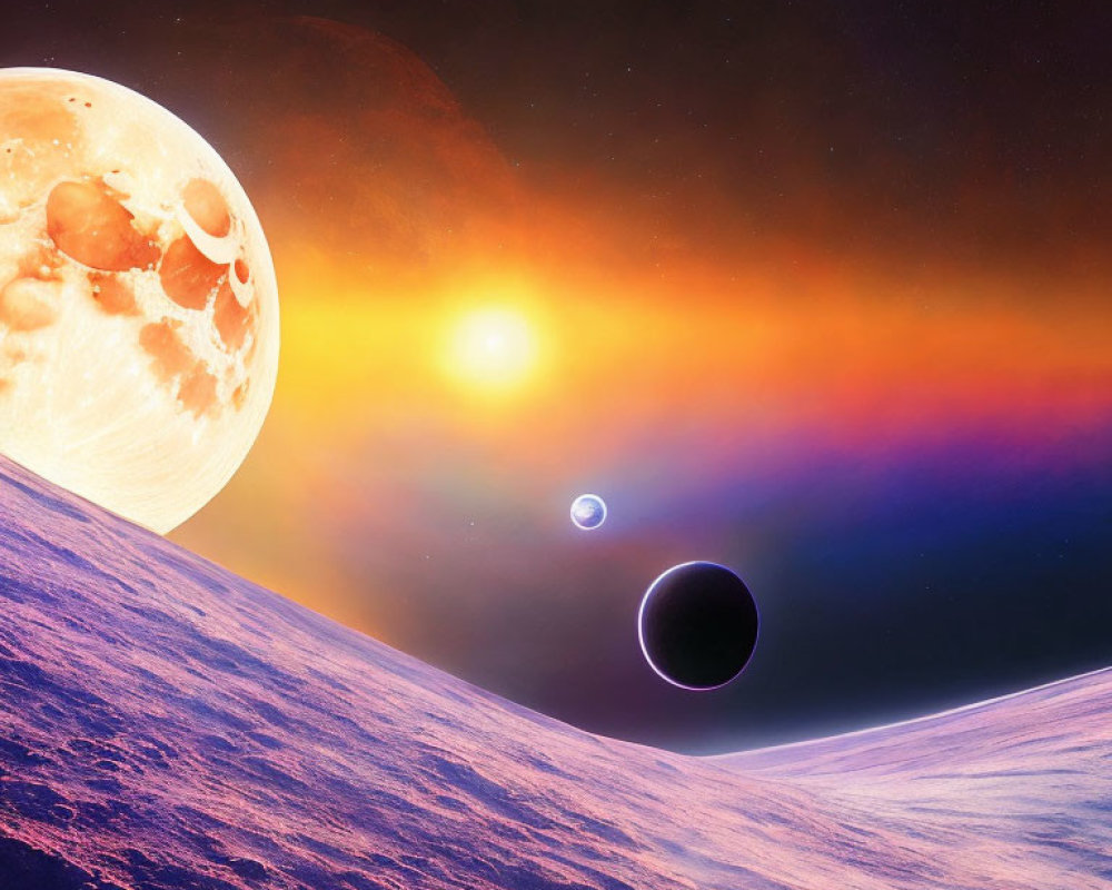 Alien landscape with large moon, planets, and star in vibrant space scene