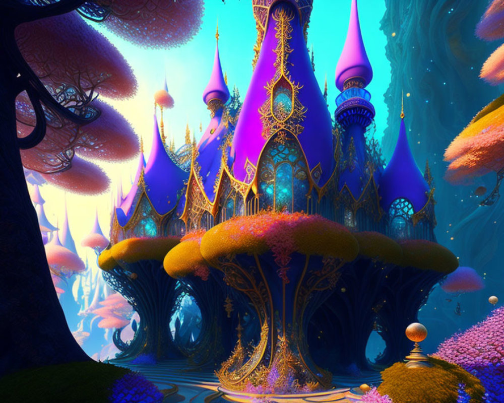 Fantastical Landscape with Mushroom-Shaped Structures and Unique Flora