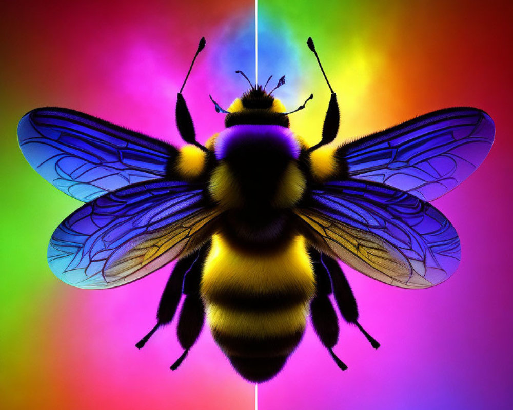 Colorful Bee Illustration on Symmetrical Rainbow Background