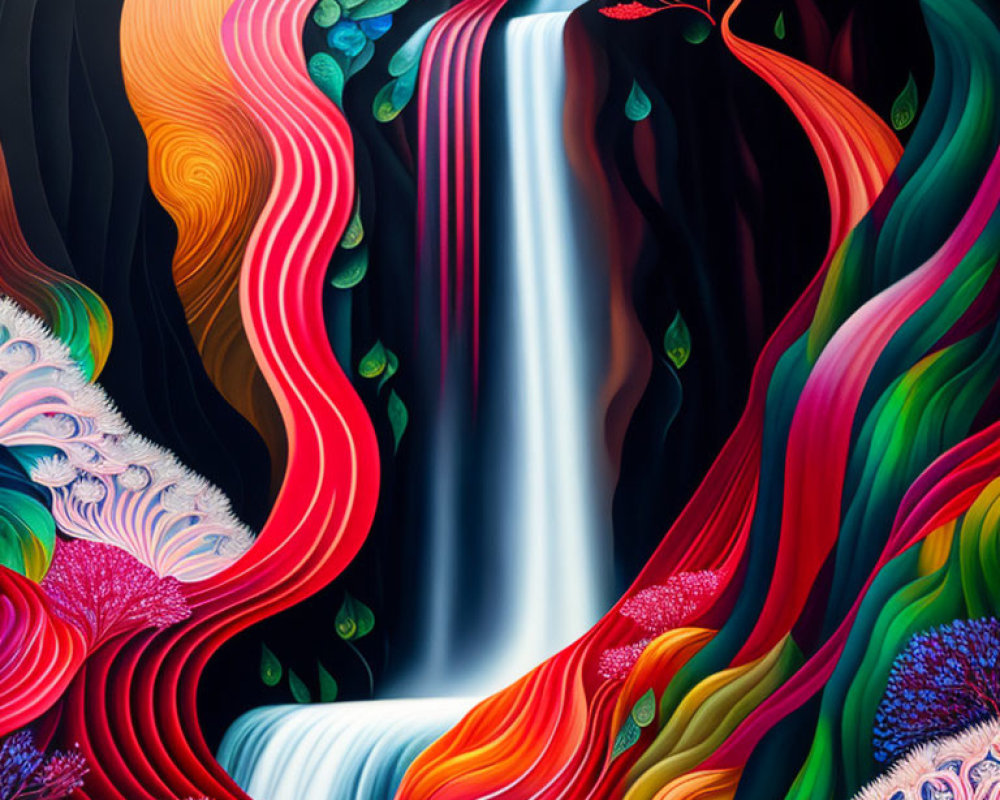 Colorful waterfall surrounded by whimsical plant life in dreamlike scene