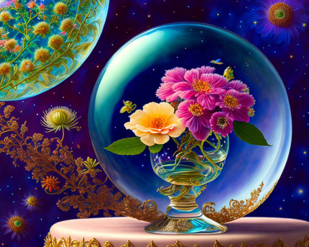 Colorful Digital Artwork: Glass Vase, Pink & Yellow Flowers, Cosmic Background