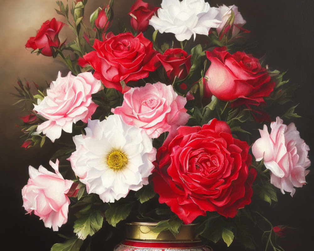 Colorful Red, Pink, and White Roses in Ornate Vase