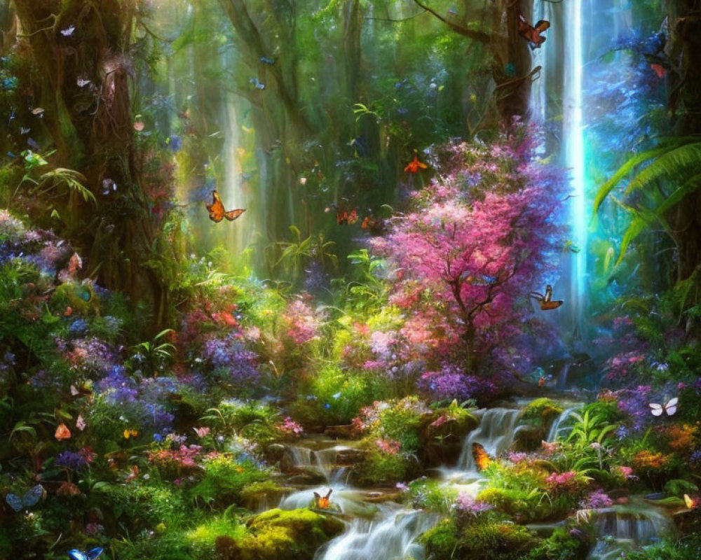 Lush forest scene with waterfall, greenery, flowers, and butterflies