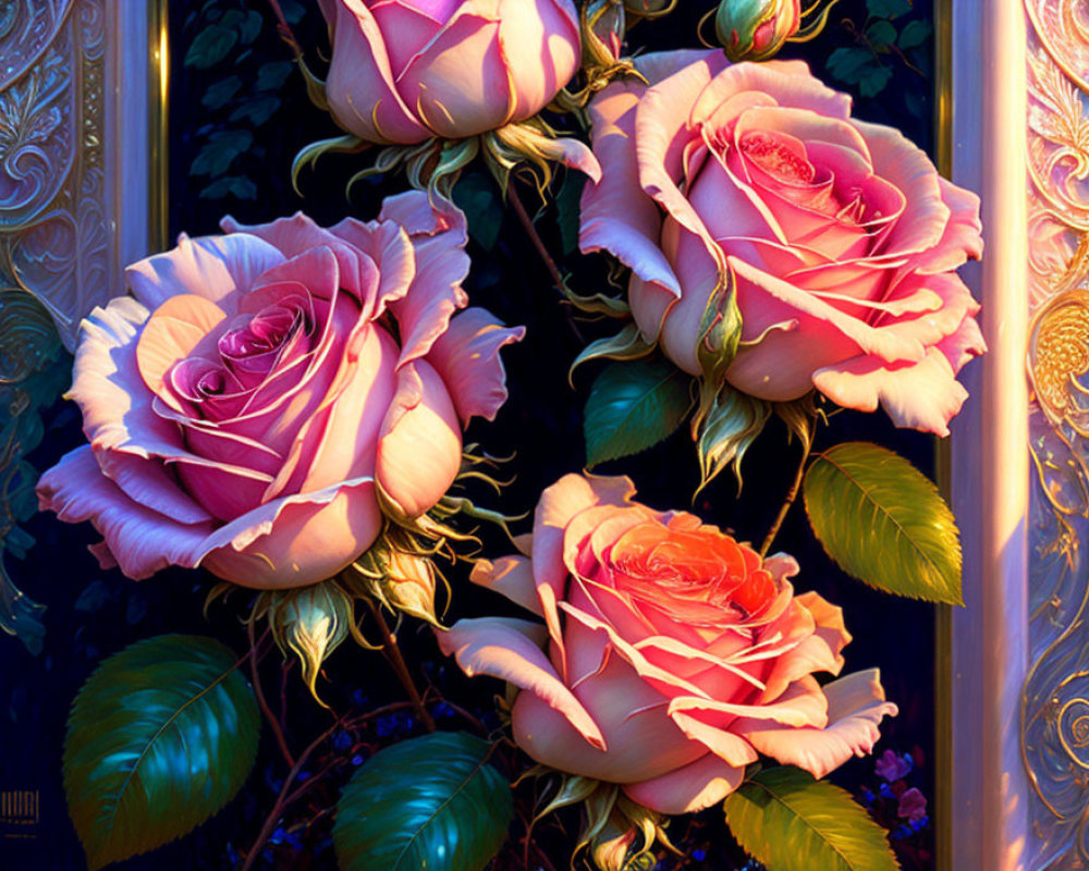 Pink Ombré Roses on Gold-Accented Blue Background