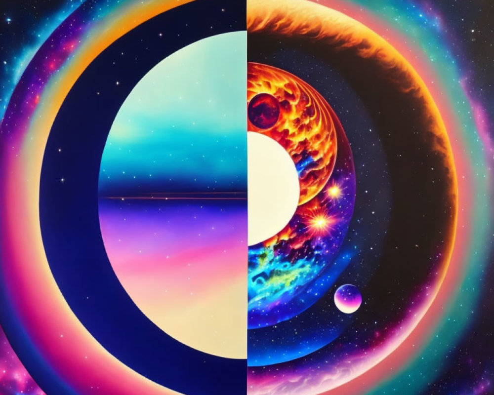 Colorful circular artwork transitions from day to night with ocean and space scenes