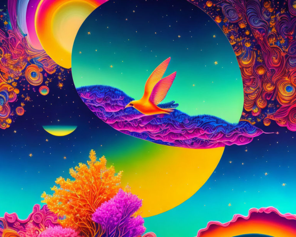 Colorful bird flying over surreal moonlit landscape