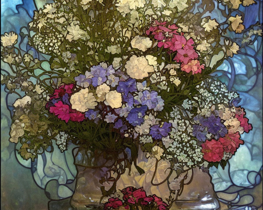 Colorful Hydrangea Bouquet Against Stained Glass Background