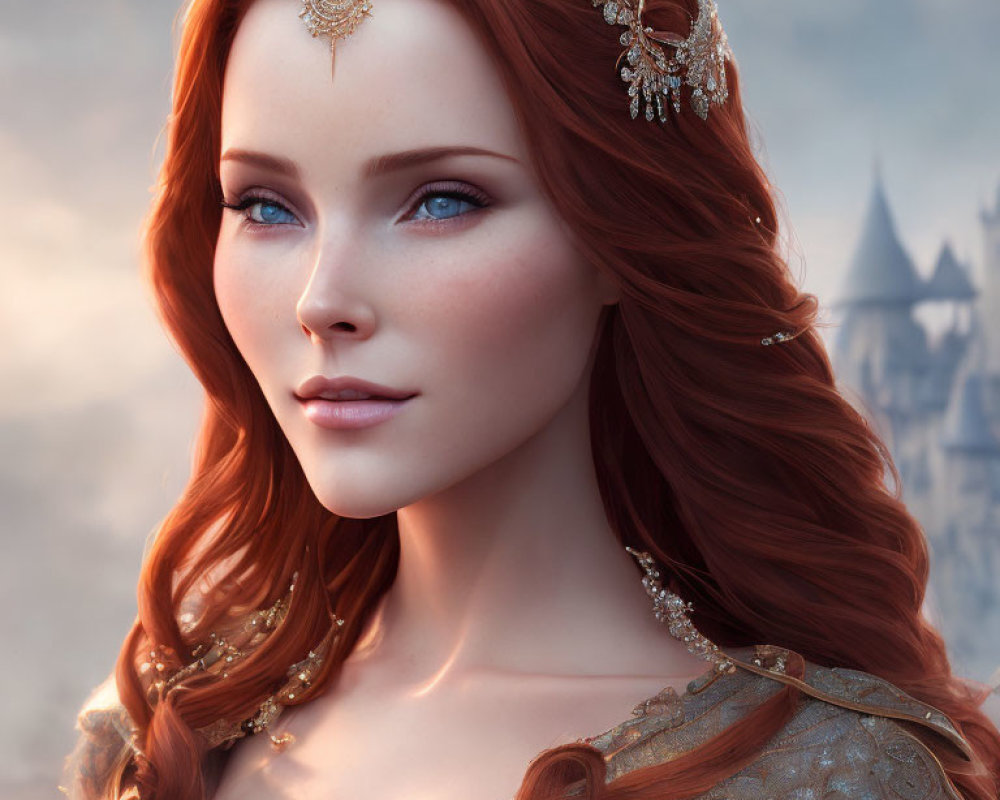 Digital Artwork: Woman with Red Hair and Gold Jewelry in Castle Setting