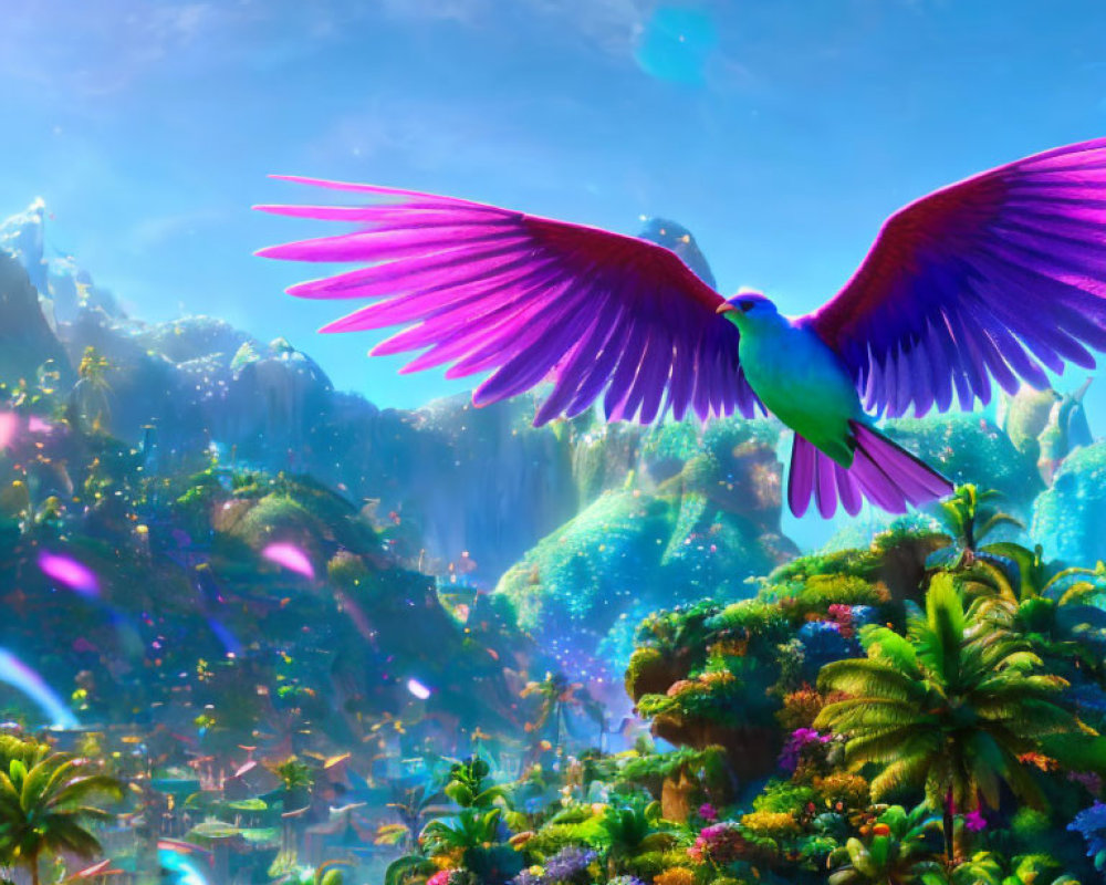 Colorful Bird Flying over Lush Jungle Landscape with Waterfalls