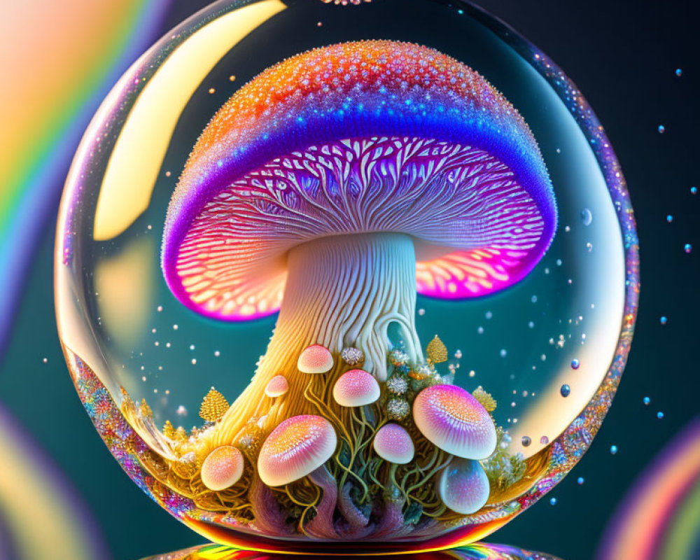 Colorful Mushroom in Transparent Sphere on Neon Celestial Background