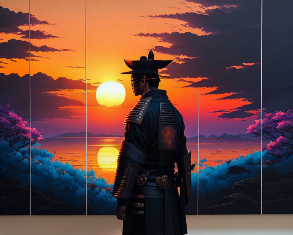 Silhouette of samurai against vibrant sunset with pink and blue trees