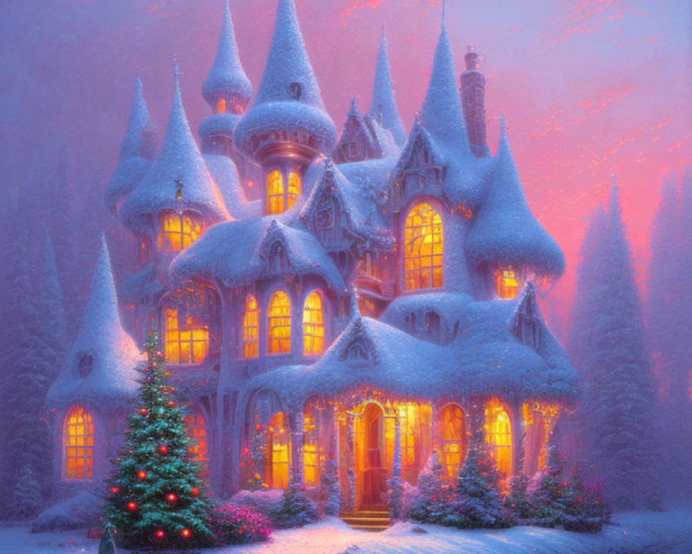 Snow-covered castle with glowing windows in winter scene