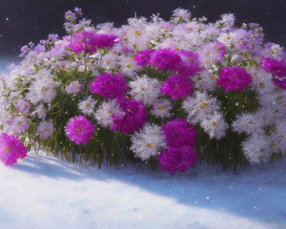 Pink and White Flowers Covered in Snow on Dark Background