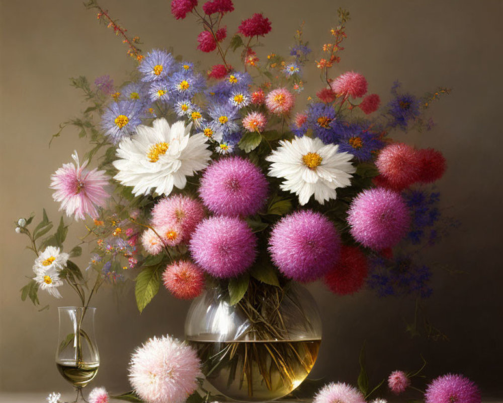 Vibrant bouquet with pink blooms and daisies in transparent vase with hourglass