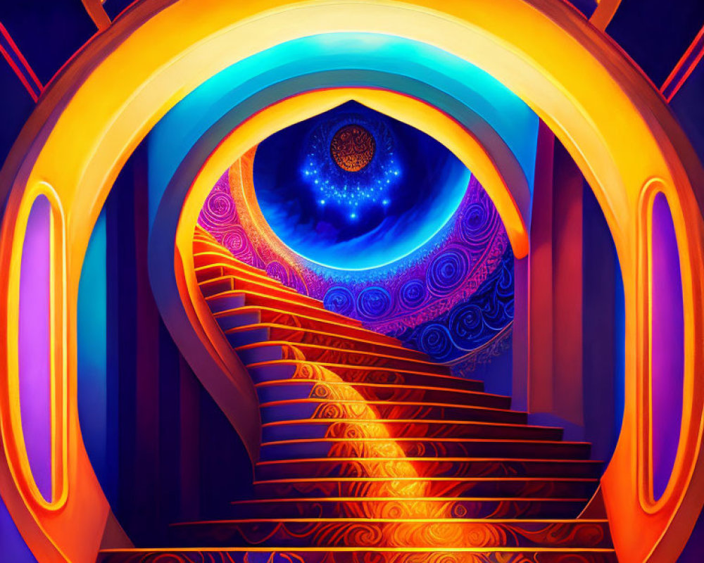 Colorful Digital Artwork: Mystical Spiral Staircase to Celestial Vortex